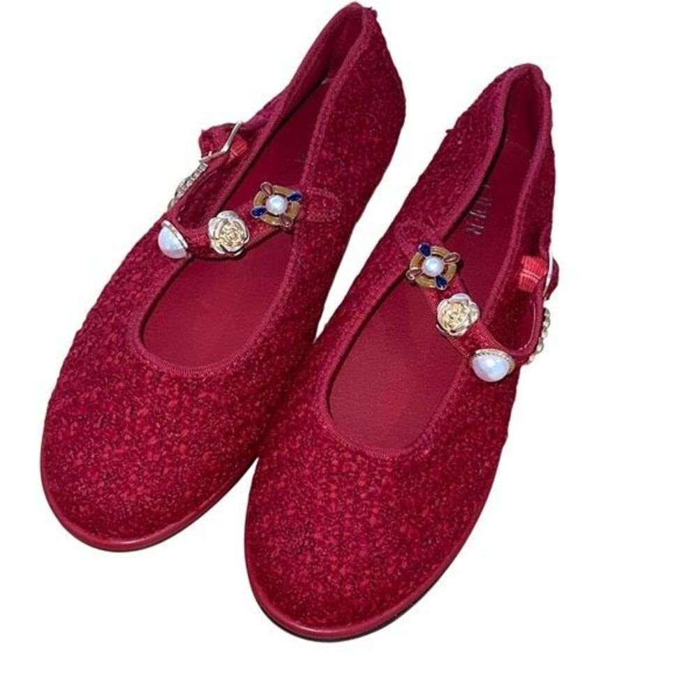 Cider FAUX PEARL & FLOWER DECOR‎ TWEED MARY JANE FLATS Red Size 39 US 8.5